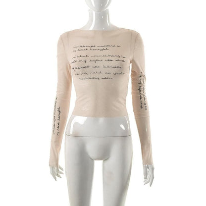 Langärmliges, durchsichtiges Crop-Top aus transparentem Netzstoff mit Kontrastdruck 