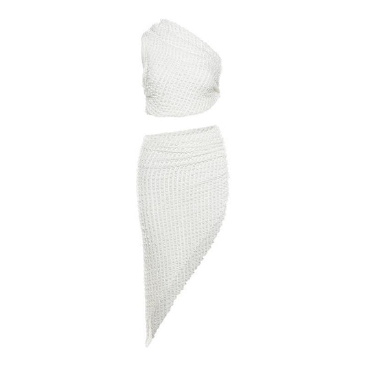 Irregular one shoulder sleeveless textured midi skirt set