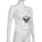 Irregular v neck drawstring ribbed butterfly pattern cami top