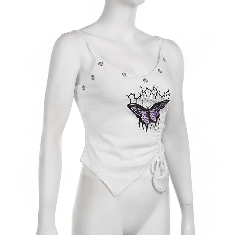 Irregular v neck drawstring ribbed butterfly pattern cami top