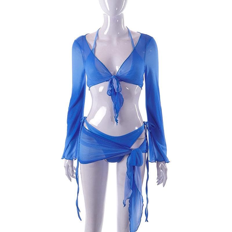 Mesh Long Sleeve Halter Self Tie V Neck Solid Ruffle Shrug Skirt Set