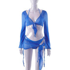 Mesh Long Sleeve Halter Self Tie V Neck Solid Ruffle Shrug Skirt Set