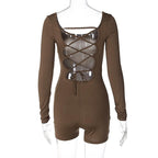 Long sleeve u neck lace up backless solid romper