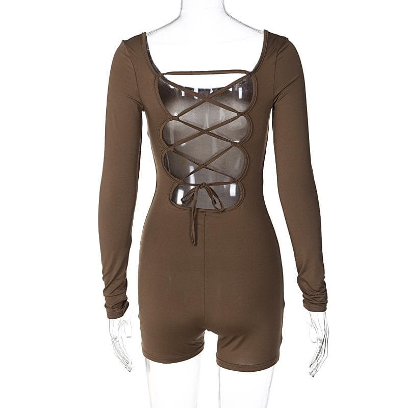 Long sleeve u neck lace up backless solid romper