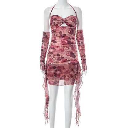 Flower print contrast gloves buckle ruched halter backless ruffle mini dress