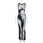 Body pattern contrast sleeveless crewneck maxi skirt set