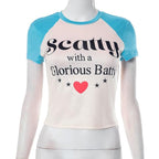 Short sleeve crewneck patchwork contrast print crop top