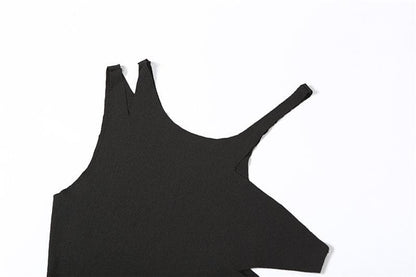 Ribbed solid hollow out sleeveless irregular slit midi dress