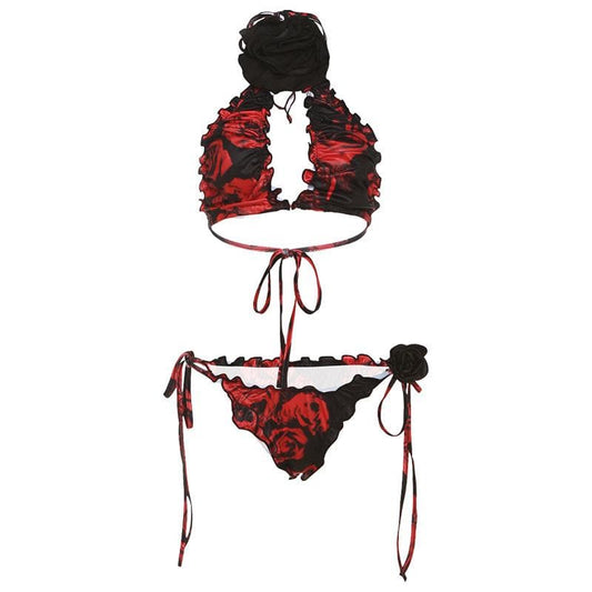 Hosenset mit gerüschtem Neckholder und Blumenapplikation zum Selbstbinden und kontrastierendem Rosenmuster