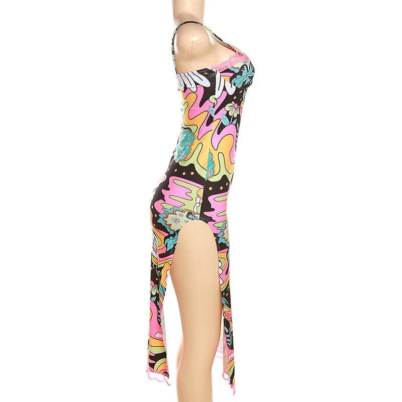 Abstract Print Contrast Lace Hem Slit Low Cut Backless Cami Midi Dress