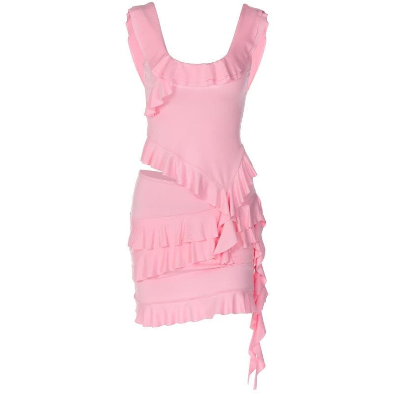 Ruffle u neck sleeveless backless solid irregular mini skirt set
