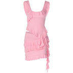Ruffle u neck sleeveless backless solid irregular mini skirt set