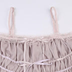 Chiffon solid pleated ruffle lace hem button cami crop top