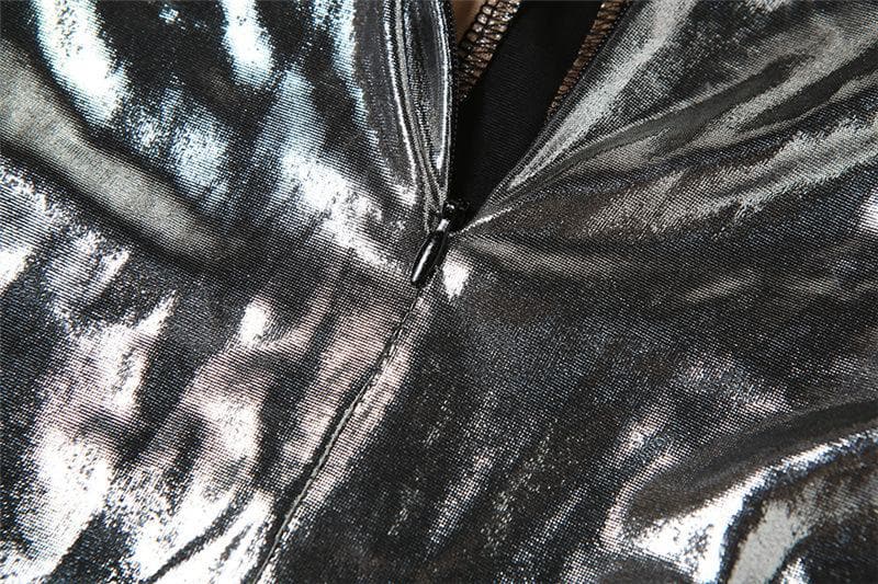 Metallic-Overall mit Reißverschluss und langen Ärmeln, Netz-Patchwork und hohem Kragen 