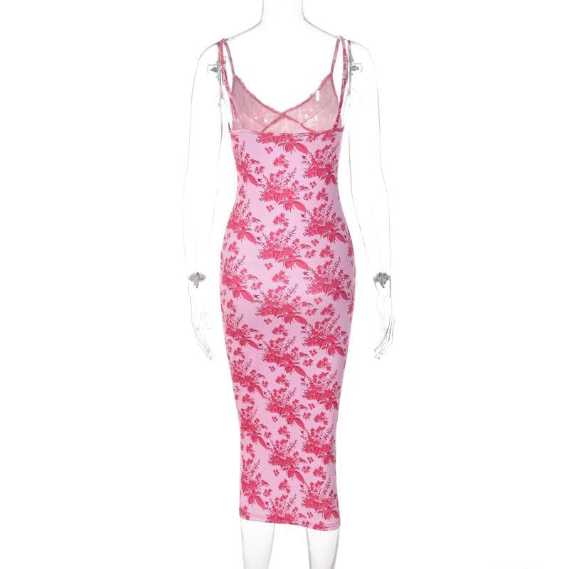 Rückenfreies Camisole-Midikleid mit Blumenmuster, Spitzensaum, V-Ausschnitt und Kontrast 