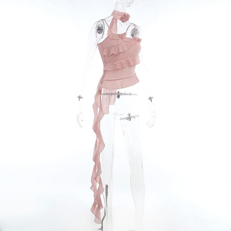 Smocked flower applique ruffle solid ribbon backless cami top