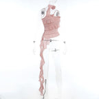 Smocked flower applique ruffle solid ribbon backless cami top