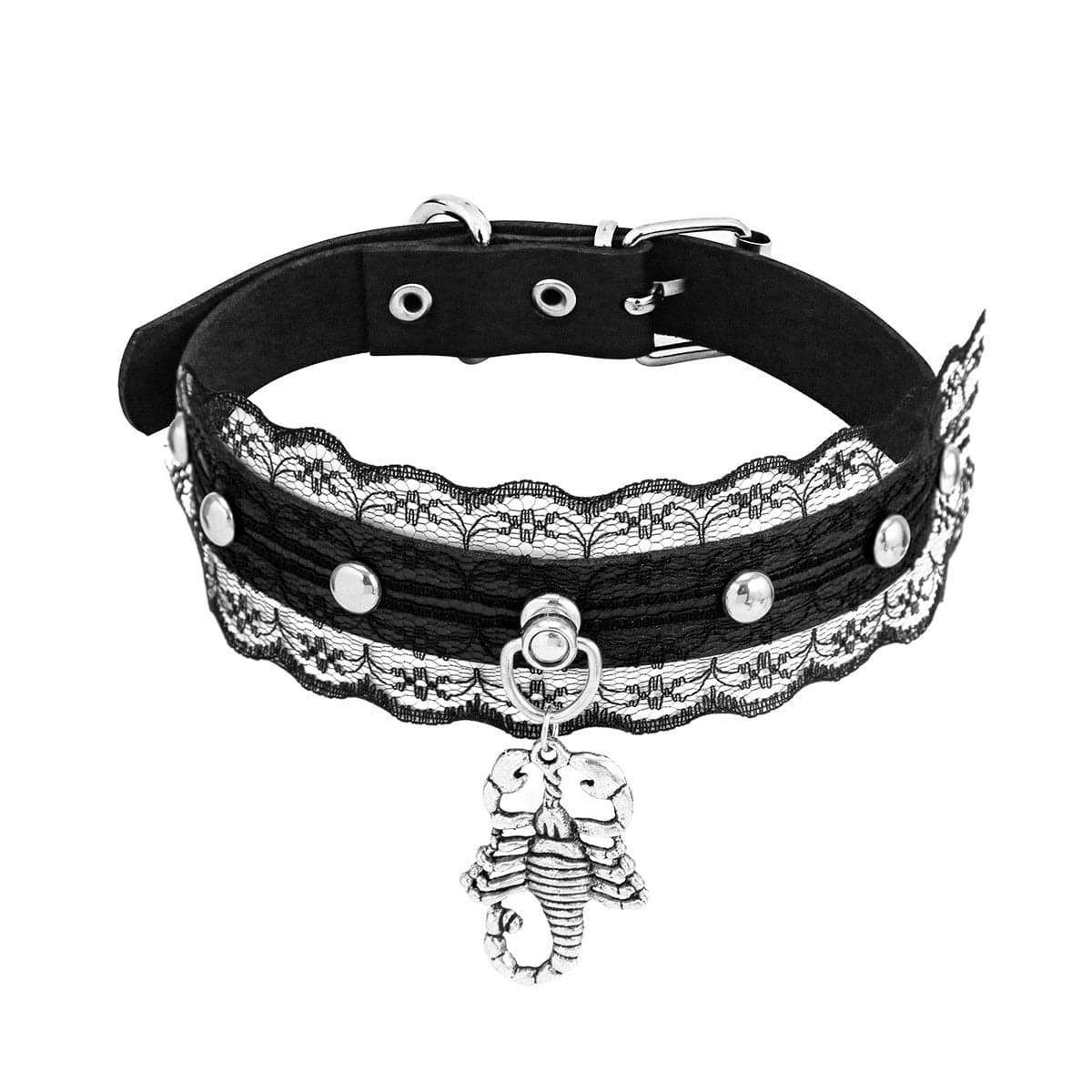 Lace Hem Pu Scorpion Pendant Buckle Choker Necklace
