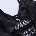 Backless v neck o ring lace up fishnet hollow out solid cami crop top