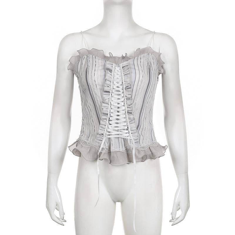 Ruffle striped contrast lace hem corset lace up backless top