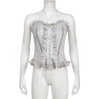 Ruffle striped contrast lace hem corset lace up backless top