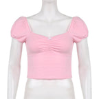 Ruched short sleeve contrast lace hem backless crop top