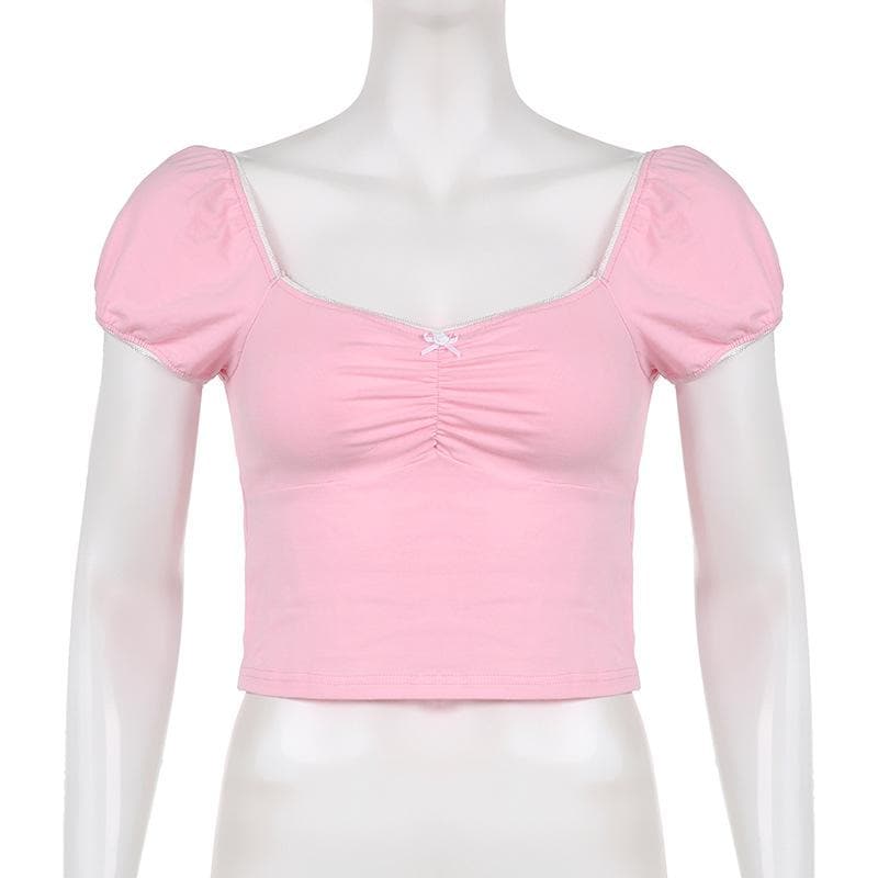 Ruched short sleeve contrast lace hem backless crop top