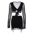 Long sleeve v neck drawstring mesh solid ruffle mini skirt set