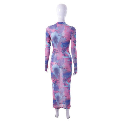 Sheer mesh see through flower print contrast gloves long sleeve maxi dress