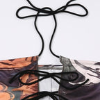Halter self tie backless abstract contrast crop top