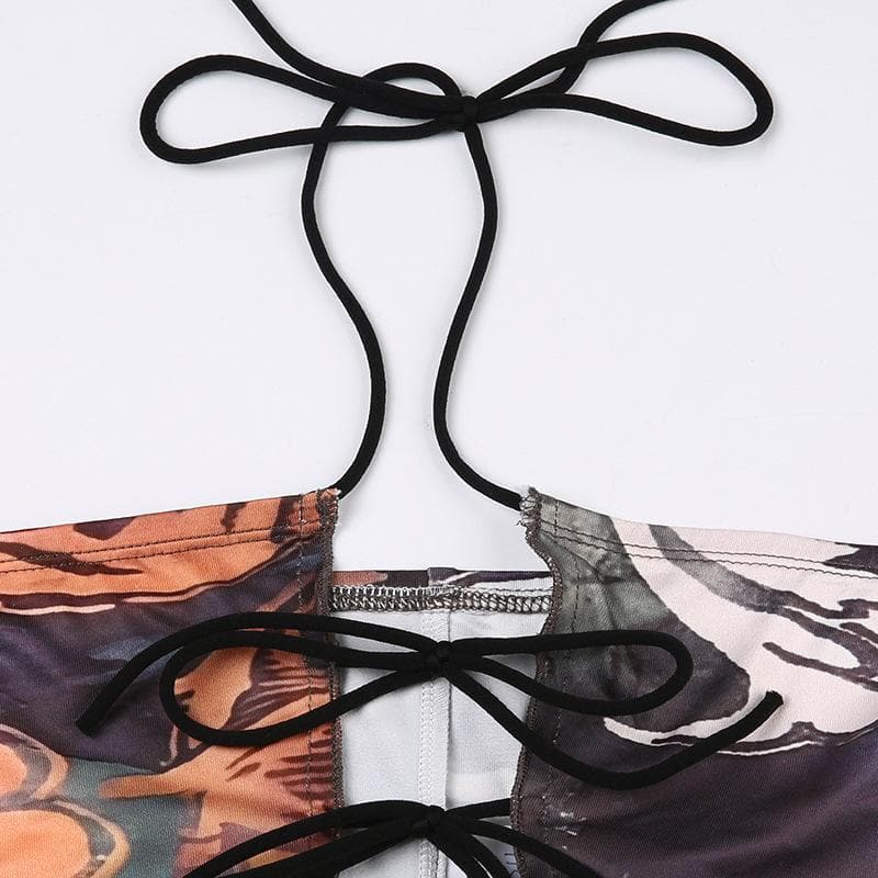 Halter self tie backless abstract contrast crop top
