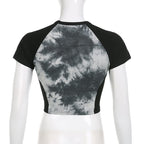 Patchwork short sleeve tie dye contrast star applique crop top
