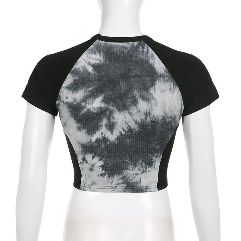 Patchwork short sleeve tie dye contrast star applique crop top