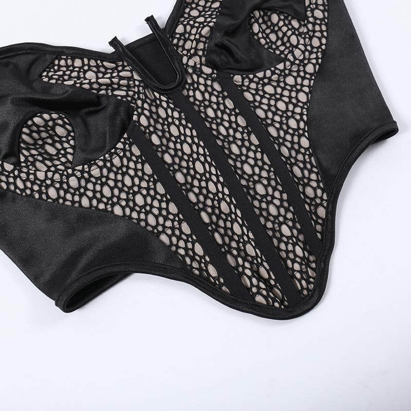 Textured contrast notch neck patchwork backless cami crop top
