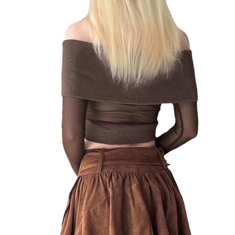 Off shoulder metal tag mesh patchwork knitted top