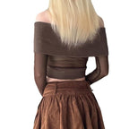 Off shoulder metal tag mesh patchwork knitted top