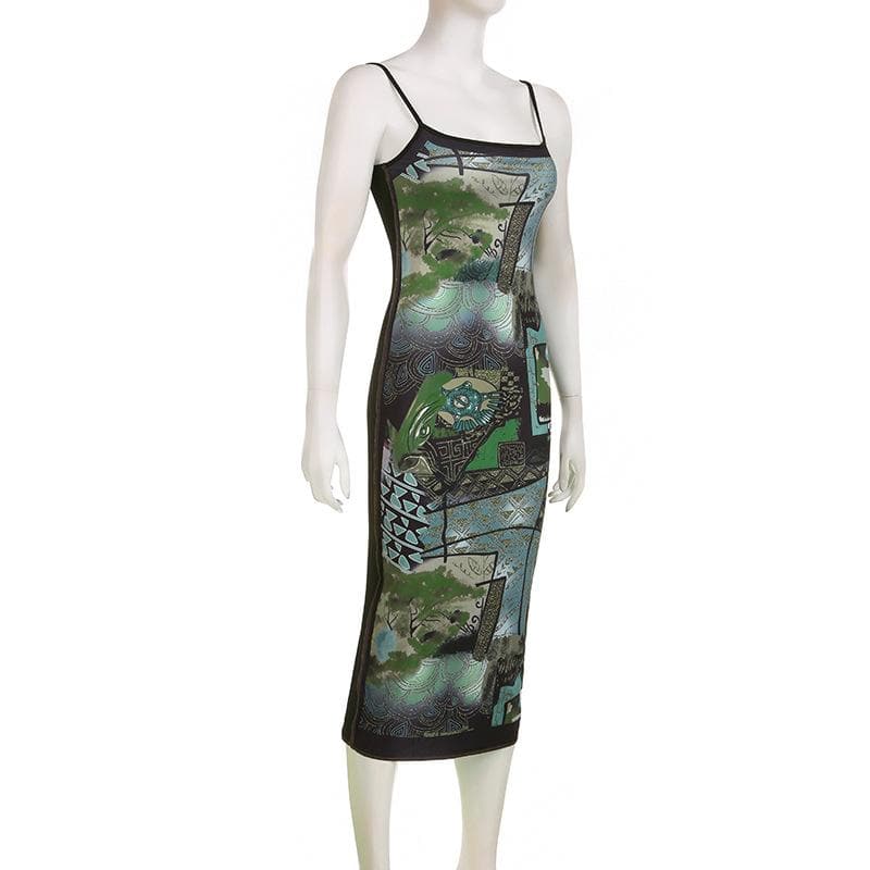 Abstract Print Contrast Square Neck Backless Cami Midi Dress