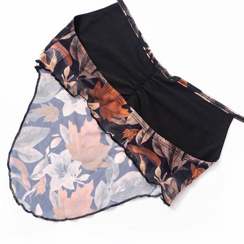 Mesh leaf pattern contrast ruched halter backless ruffle crop top - Final Sale
