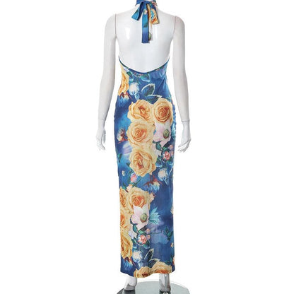 Rückenfreies Maxikleid aus transparentem Netzstoff mit Blumenmuster und Neckholder in Kontrastfarbe zum Binden 