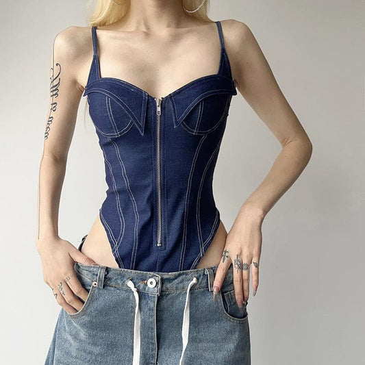 Body in denim con scollo a V, schiena scoperta e cerniera 