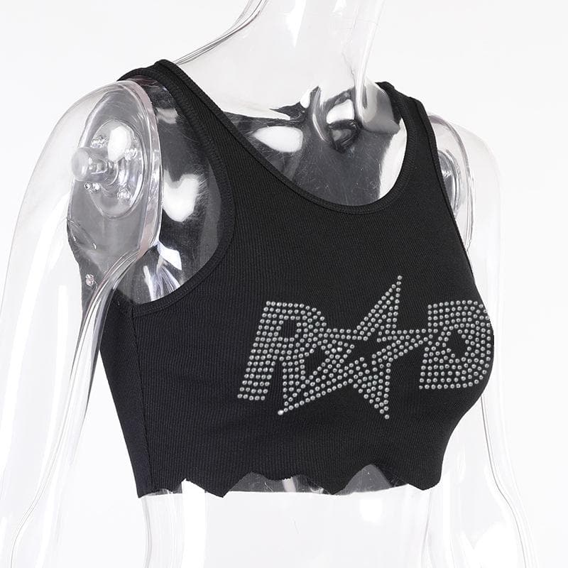 Beaded sleeveless round neck irregular crop top