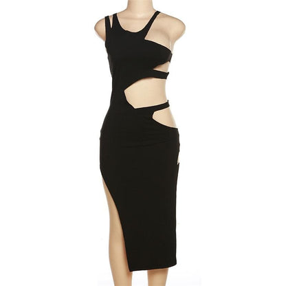 Ribbed solid hollow out sleeveless irregular slit midi dress