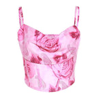 Flower print contrast backless cowl neck bustier cami crop top