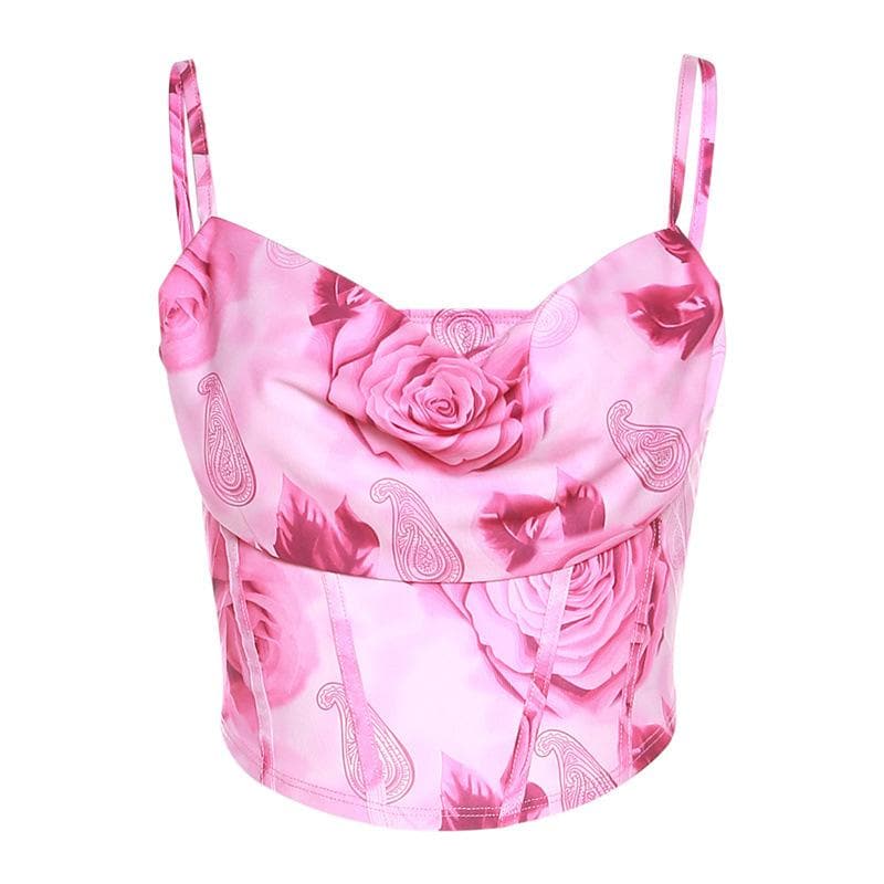 Flower print contrast backless cowl neck bustier cami crop top