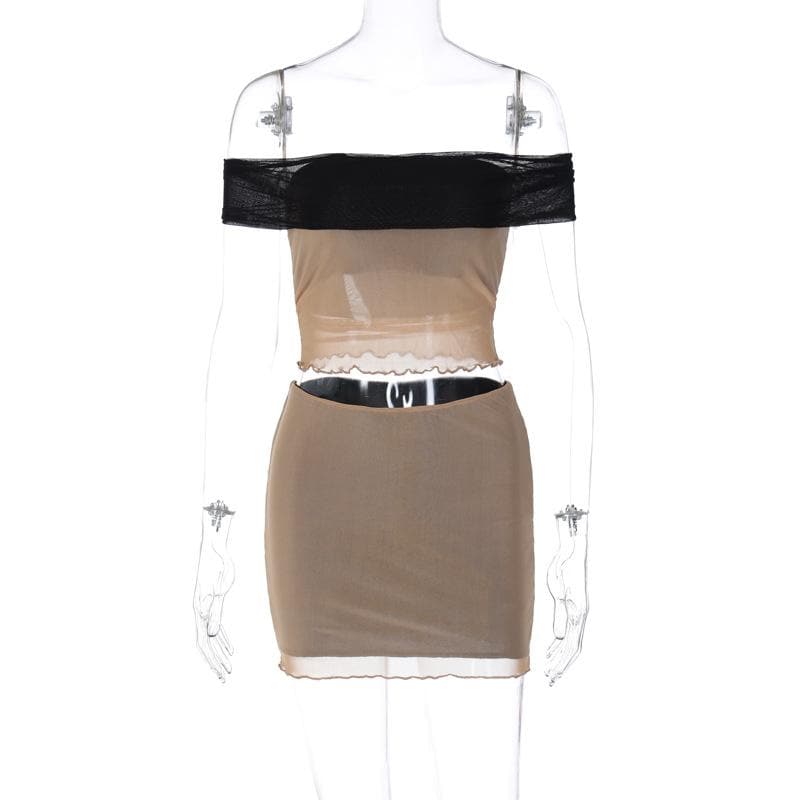 Mesh contrast off shoulder ruffle backless mini skirt set