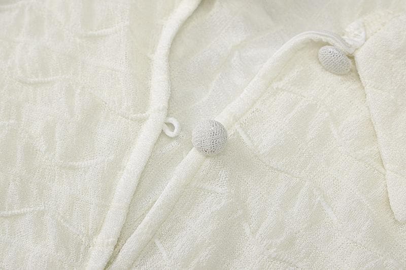 Textured button turnover collar short sleeve ruffle mini skirt set