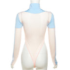 Body a collo alto e maniche lunghe in rete con patchwork a contrasto 