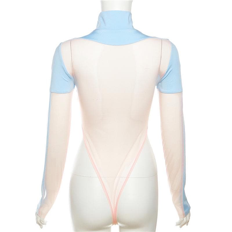 Body a collo alto e maniche lunghe in rete con patchwork a contrasto 