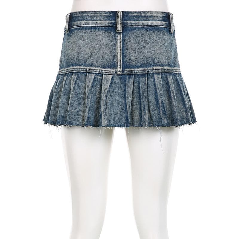Pleated low rise raw hem A line denim mini skirt