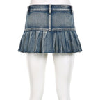 Pleated low rise raw hem A line denim mini skirt